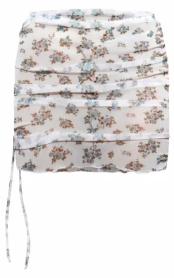 White Ditsy Floral Ruched Mesh Mini Beach Skirt