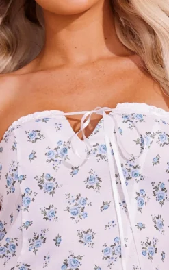 White Ditsy Floral Woven Bandeau Tie Lace Detail Mini Dress