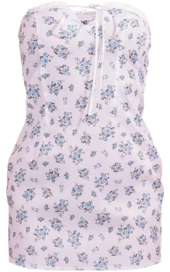 White Ditsy Floral Woven Bandeau Tie Lace Detail Mini Dress