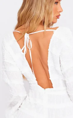 White Dobby Textured Flare Sleeve Plunge Romper