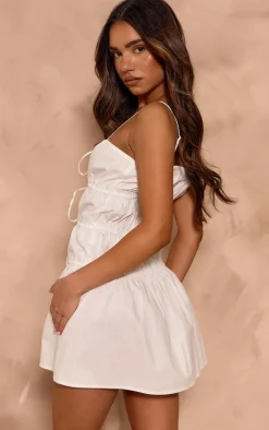 White Elasticated Bow Shift Dress