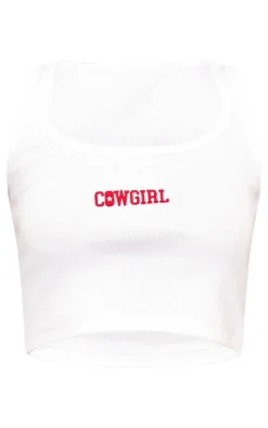 White Embroidered Rib Crop Top