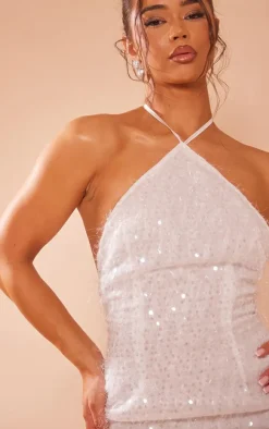 White Eyelash Glitter Knit Look Sequin Detail Halteneck Shift Dress