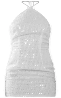 White Eyelash Glitter Knit Look Sequin Detail Halteneck Shift Dress