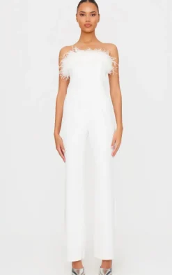 White Faux Fur Bandeau Straight Leg Jumpsuit