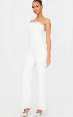 White Faux Fur Bandeau Straight Leg Jumpsuit