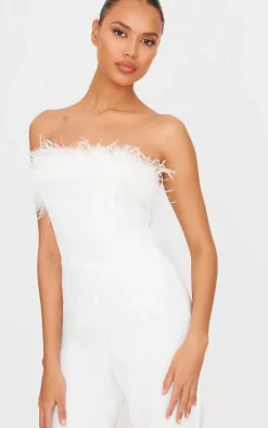 White Faux Fur Bandeau Straight Leg Jumpsuit