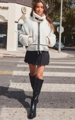 White Faux Leather Contrast Trim Teddy Aviator Jacket