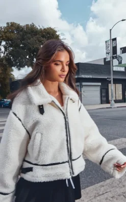 White Faux Leather Contrast Trim Teddy Aviator Jacket