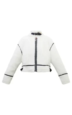 White Faux Leather Contrast Trim Teddy Aviator Jacket