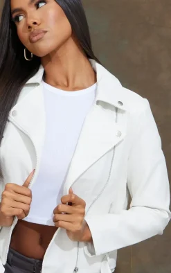 White Faux Leather Regular Fit Belted Biker Jacket