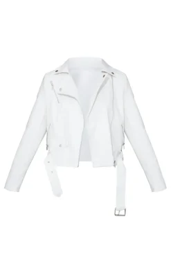 White Faux Leather Regular Fit Belted Biker Jacket