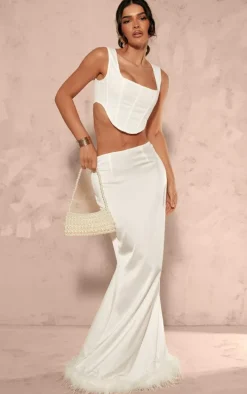 White Feather Trim Satin Maxi Skirt