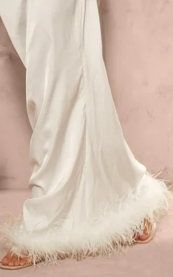 White Feather Trim Satin Maxi Skirt