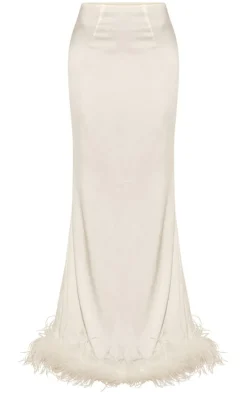 White Feather Trim Satin Maxi Skirt