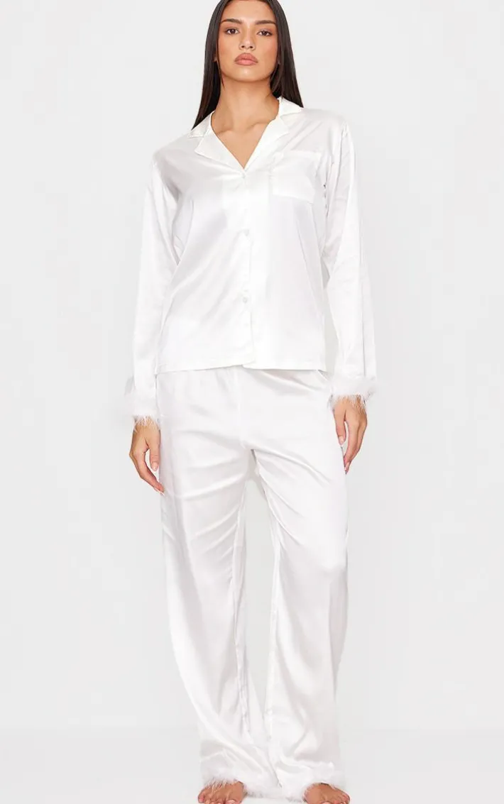 White Feather Trim Satin Long Pajama Set
