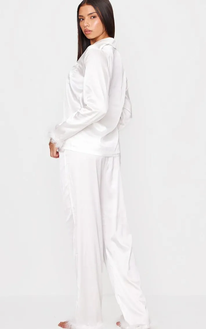 White Feather Trim Satin Long Pajama Set