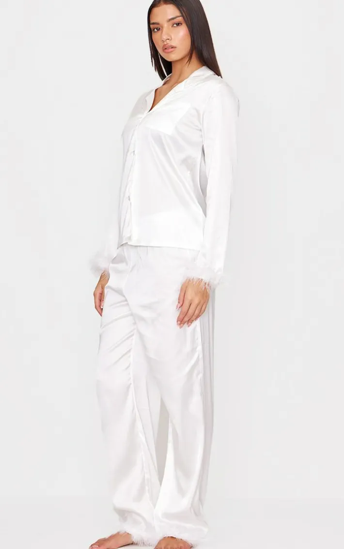 White Feather Trim Satin Long Pajama Set