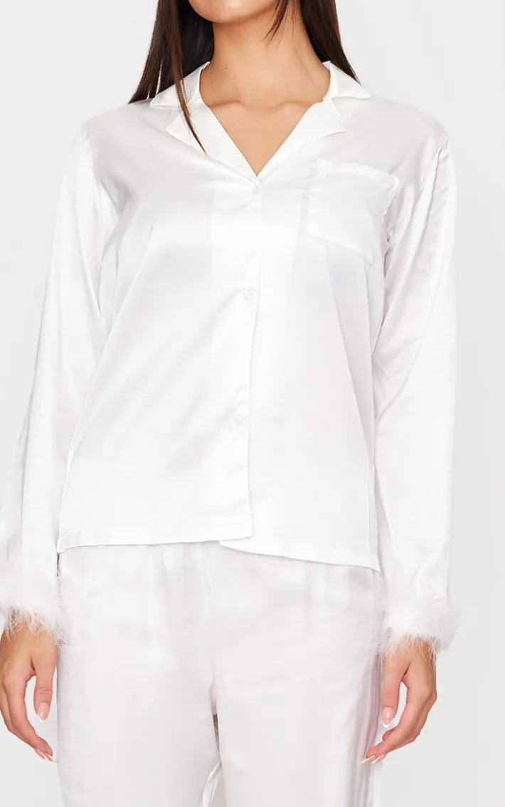 White Feather Trim Satin Long Pajama Set