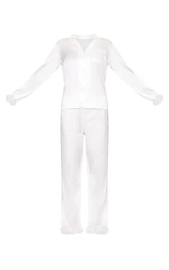 White Feather Trim Satin Long Pajama Set