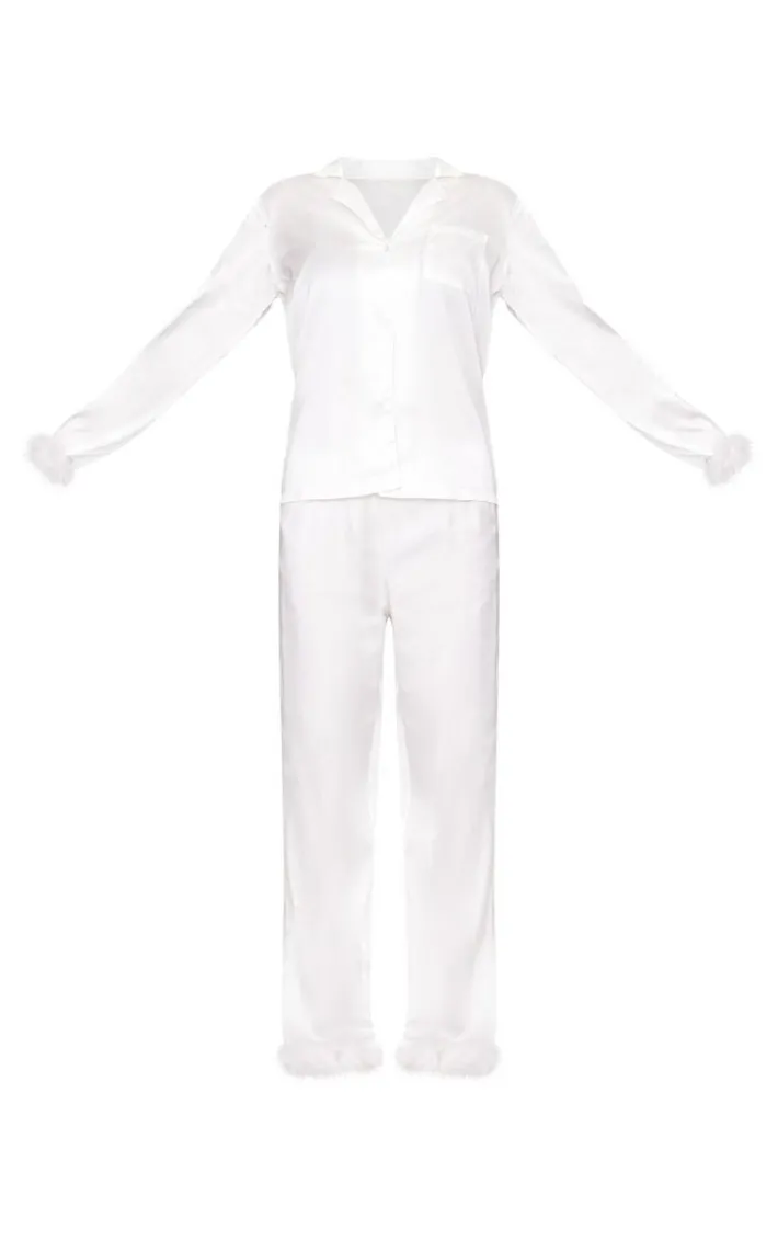 White Feather Trim Satin Long Pajama Set
