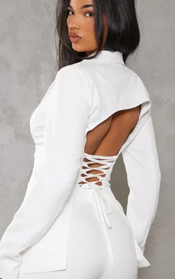 White Fitted Lace Up Back Blazer