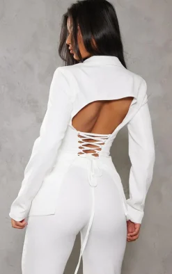 White Fitted Lace Up Back Blazer