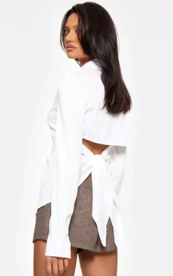 White Fitted Open Tie Back Shirt