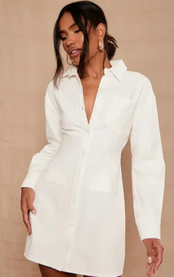 White Fitted Premium Linen Look Shirt Dress