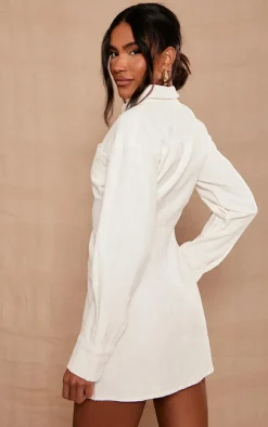 White Fitted Premium Linen Look Shirt Dress
