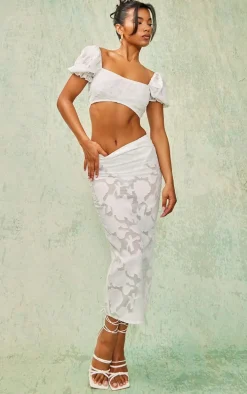 White Floral Applique High Waist Midi Skirt