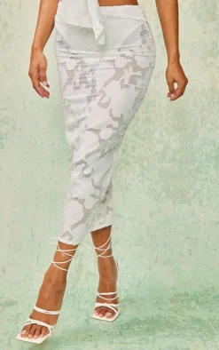 White Floral Applique High Waist Midi Skirt