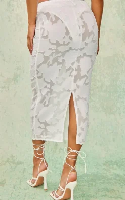 White Floral Applique High Waist Midi Skirt