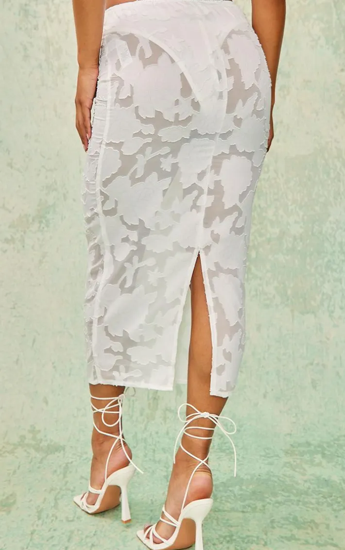 White Floral Applique High Waist Midi Skirt