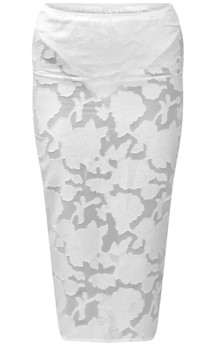 White Floral Applique High Waist Midi Skirt