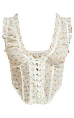 White Floral Chiffon Boned Lace Up Detail Corset