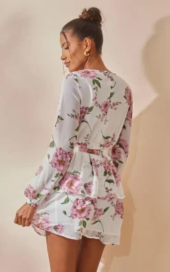 White Floral Chiffon Double Tier Plunge Skater Dress