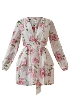 White Floral Chiffon Double Tier Plunge Skater Dress