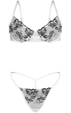 White Floral Contrast Embroidery Lingerie Set