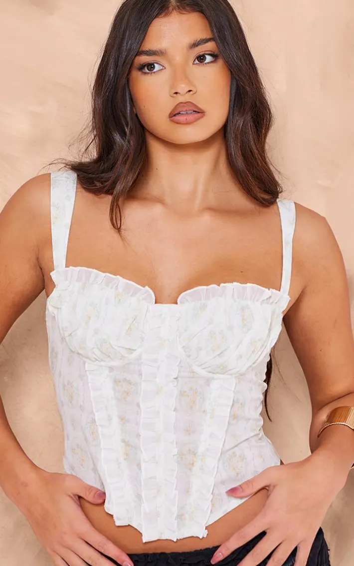 White Floral Dip Hem Ruffle Corset
