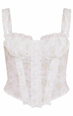 White Floral Dip Hem Ruffle Corset