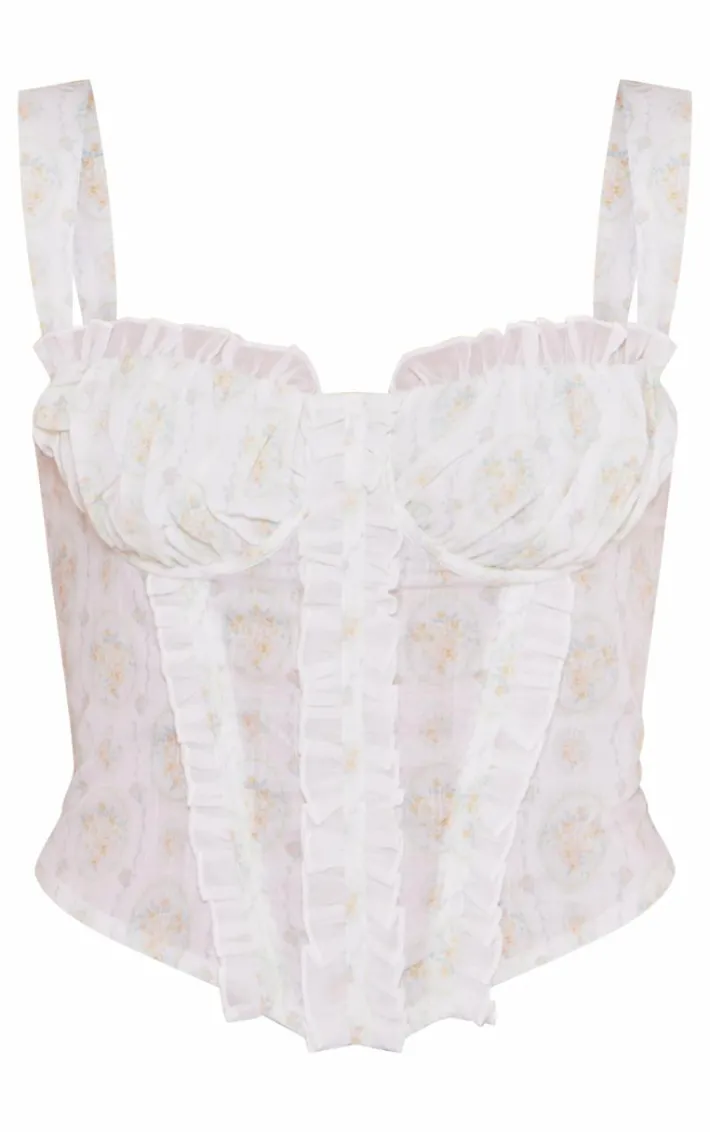 White Floral Dip Hem Ruffle Corset