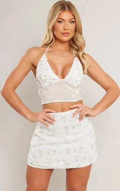 White Floral Embroidered Sheer Mini Skater Skirt