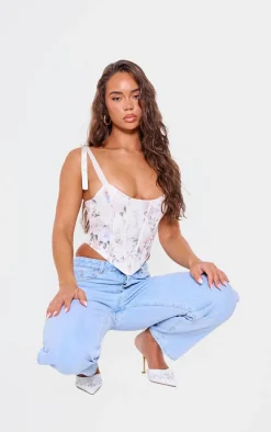 White Floral Jacquard Ribbon Straps Corset