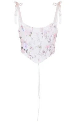 White Floral Jacquard Ribbon Straps Corset