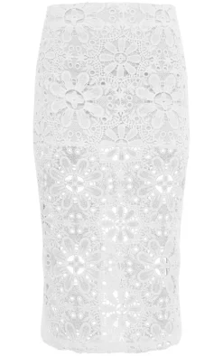 White Floral Lace Mid Rise Midaxi Skirt