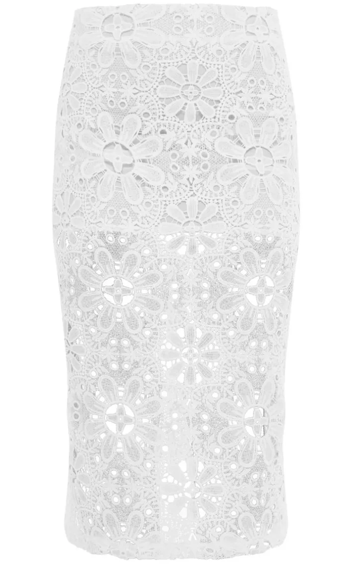 White Floral Lace Mid Rise Midaxi Skirt