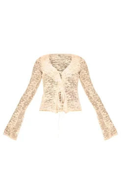 White Floral Lace Ruffle Tie Front Shirt