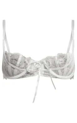 White Floral Lace Underwired Lace Up Detail Bra