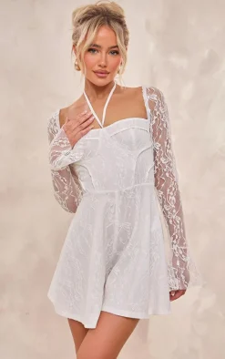 White Floral Mesh Long Sleeve Square Neck Romper